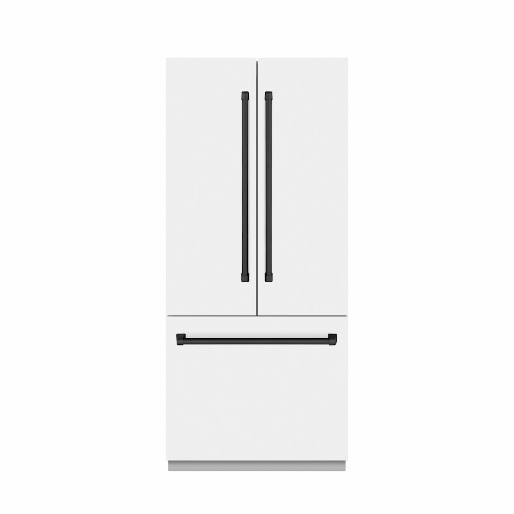 ZLINE Autograph Edition 36-inch refrigerator in white matte with graphite gray interior and matte black accents GRBIVZ-WM-36-MB, front view