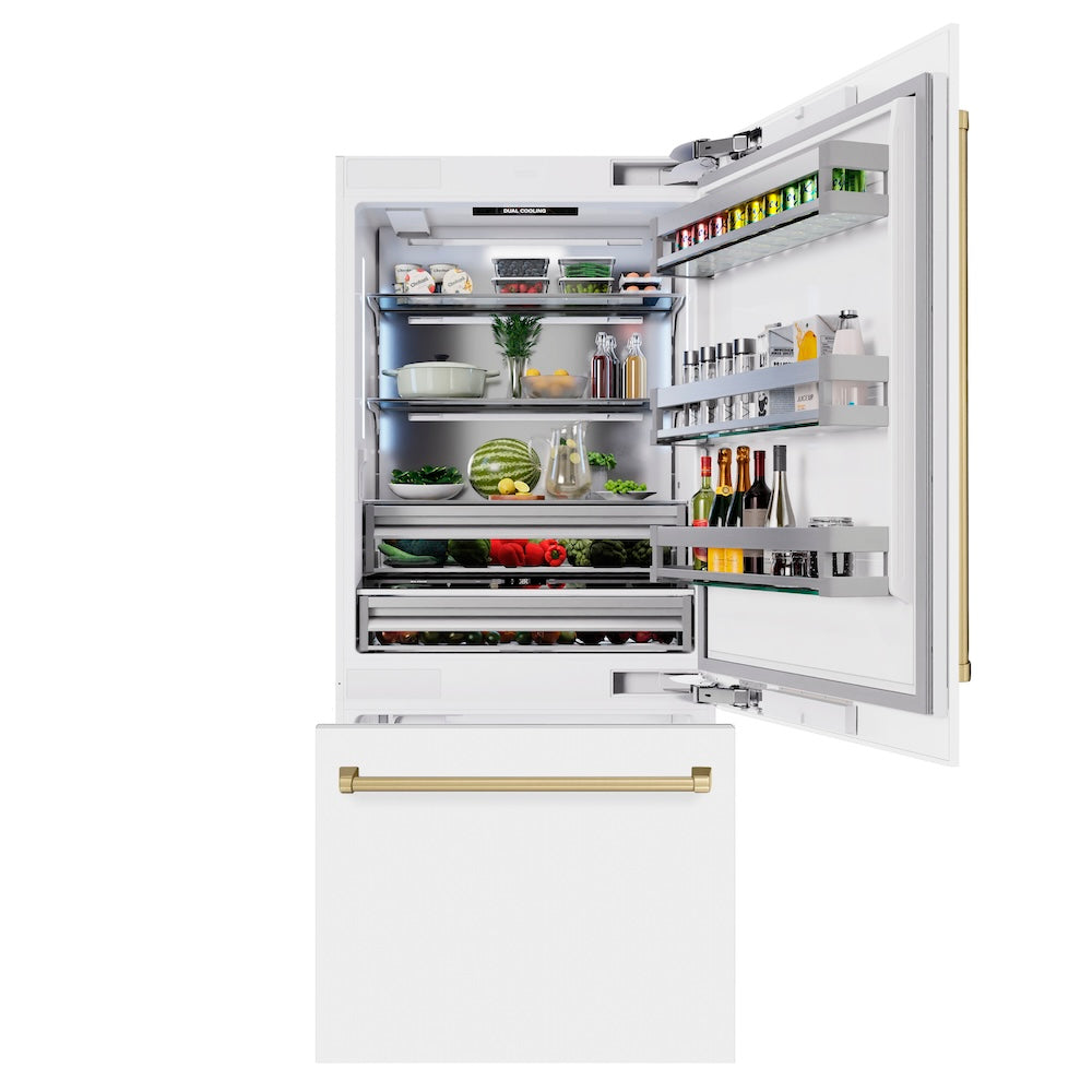 ZLINE Autograph Edition 36-inch refrigerator in white matte with bright white interior and champagne bronze accents RBITZ-WM-36-CB, front view