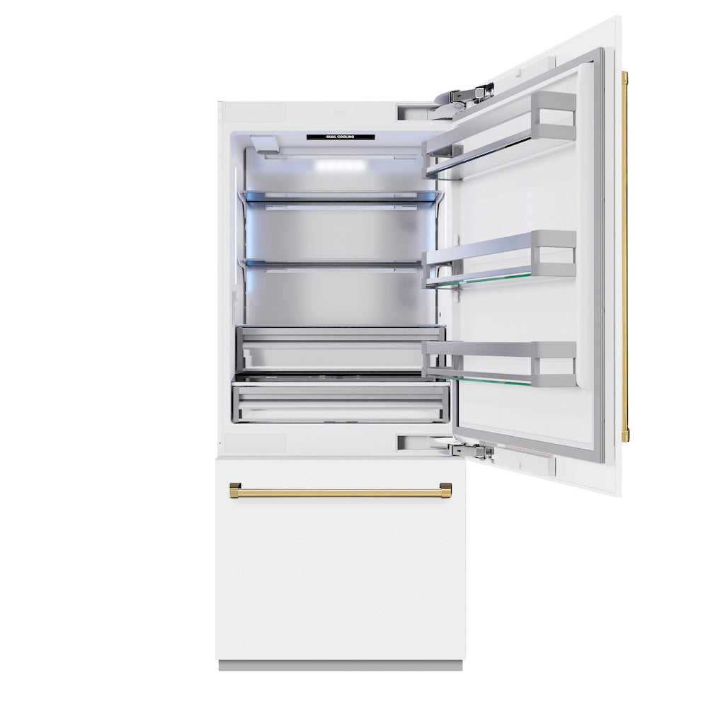 ZLINE Autograph Edition 36-inch refrigerator in white matte with bright white interior and polished gold accents RBITZ-WM-36-G, front view