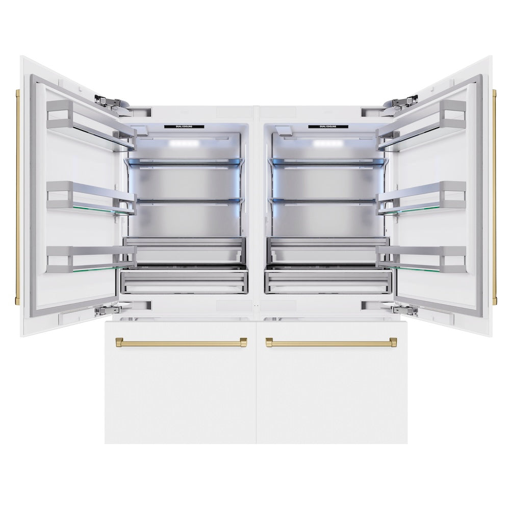 ZLINE Autograph Edition 72-inch refrigerator in white matte with bright white interior and champagne bronze accents RBITZ-WM-72-CB, front view