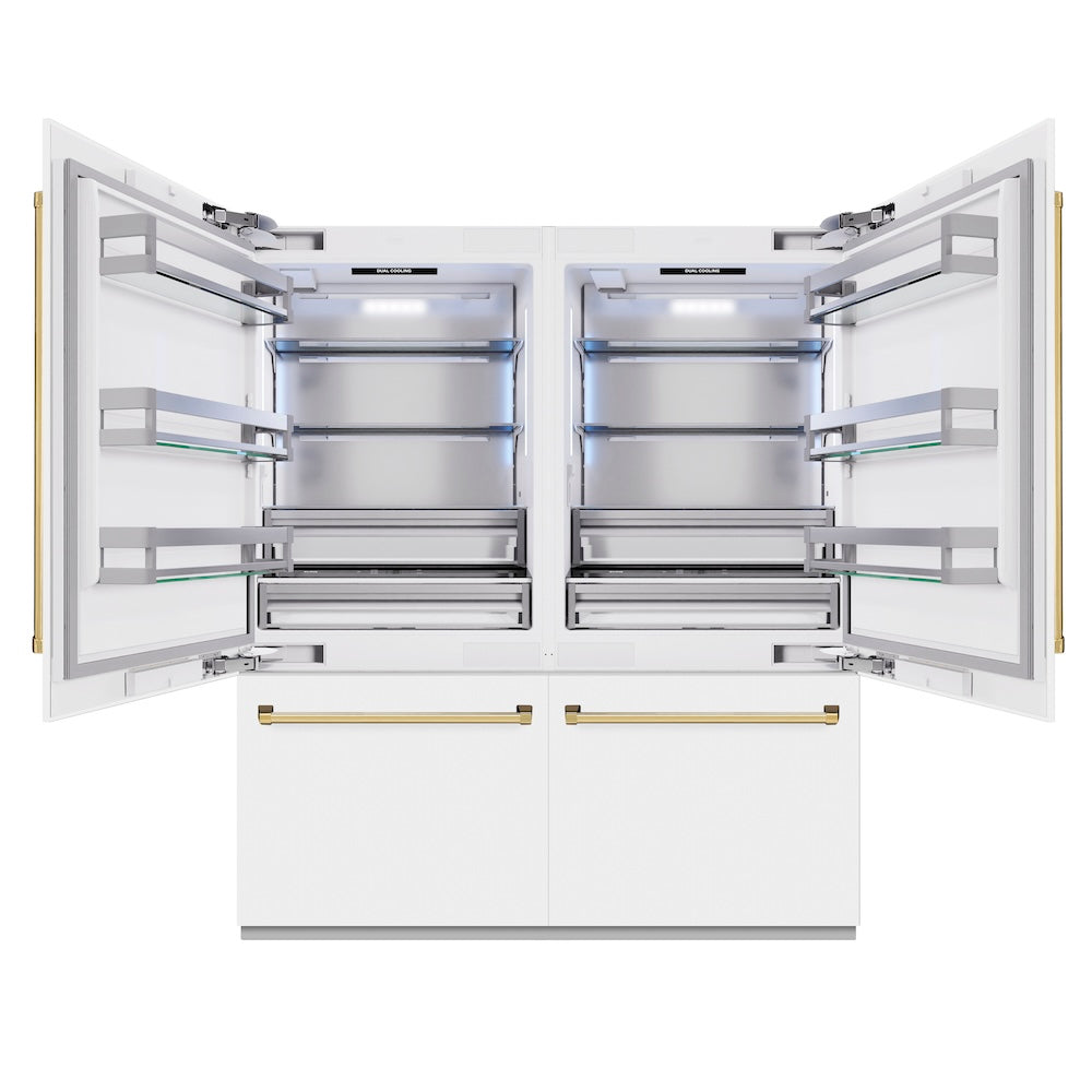 ZLINE Autograph Edition 72-inch refrigerator in white matte with bright white interior and polished gold accents RBITZ-WM-72-G, front view