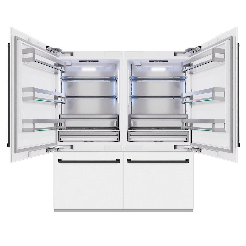 ZLINE Autograph Edition 72-inch refrigerator in white matte with bright white interior and matte black accents RBITZ-WM-72-MB, front view