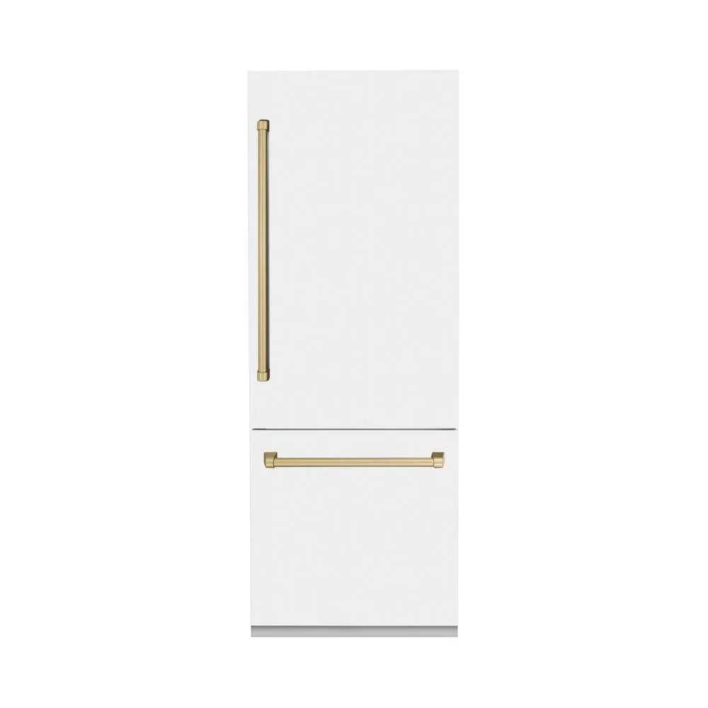 ZLINE Autograph Edition 30-inch refrigerator in white matte with bright white interior and champagne bronze accents RBIVZ-WM-30-CB
