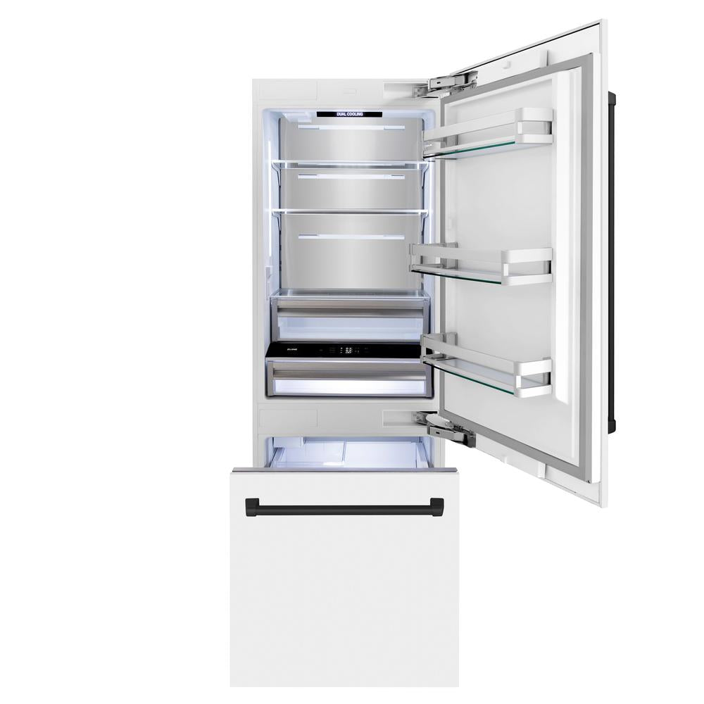ZLINE Autograph Edition 30-inch refrigerator in white matte with bright white interior and matte black accents RBIVZ-WM-30-MB, front view