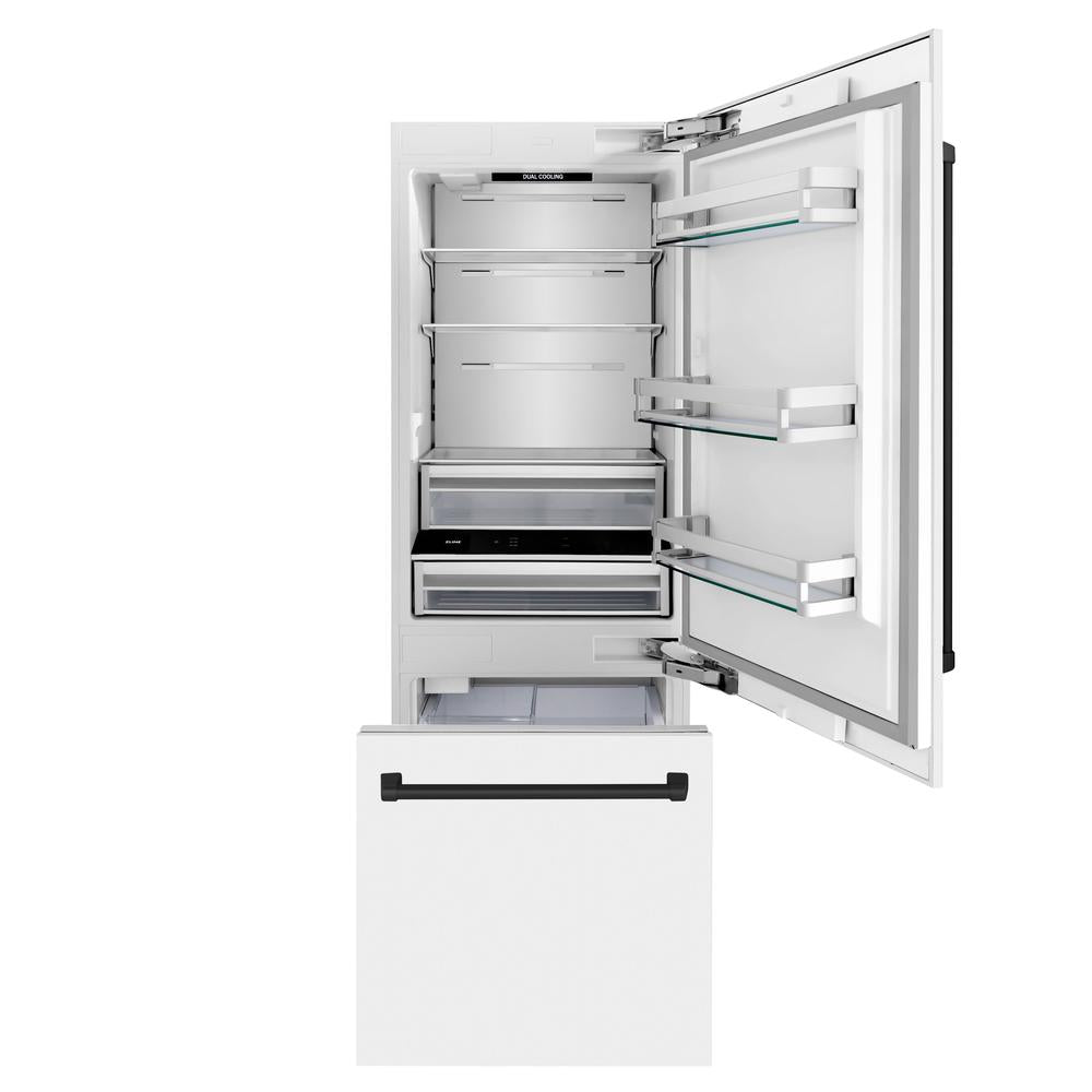 ZLINE Autograph Edition 30-inch refrigerator in white matte with bright white interior and matte black accents RBIVZ-WM-30-MB, front view
