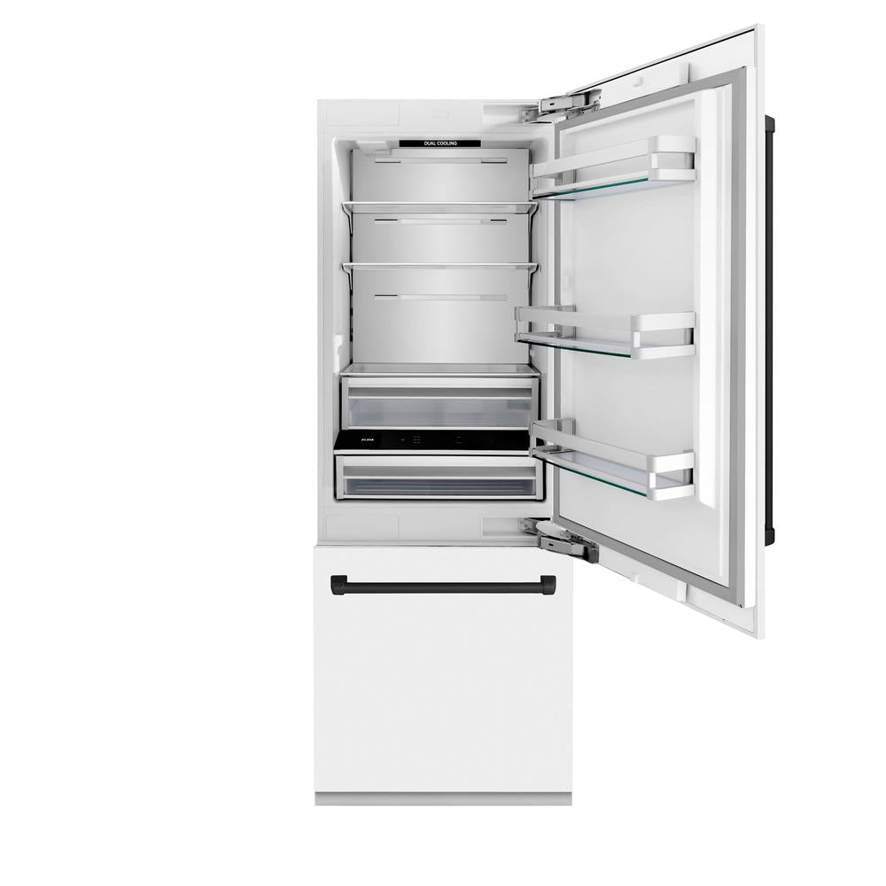ZLINE Autograph Edition 30-inch refrigerator in white matte with bright white interior and matte black accents RBIVZ-WM-30-MB, front view