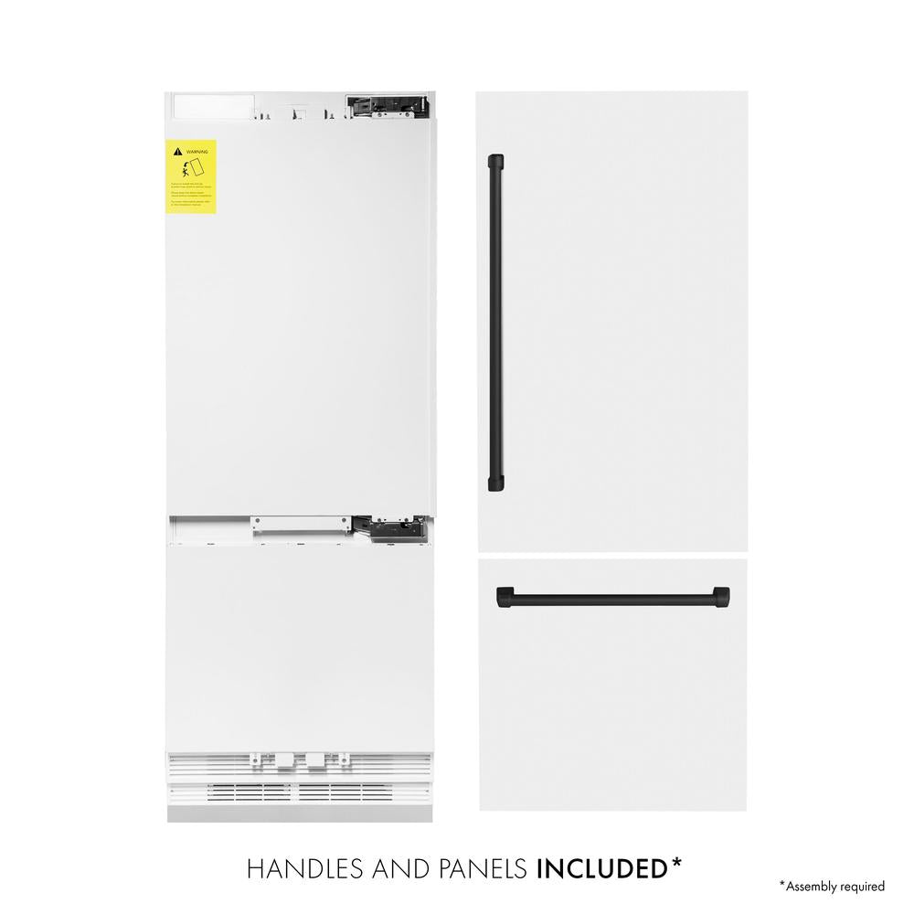 ZLINE Autograph Edition 30-inch refrigerator in white matte with bright white interior and matte black accents RBIVZ-WM-30-MB, front view