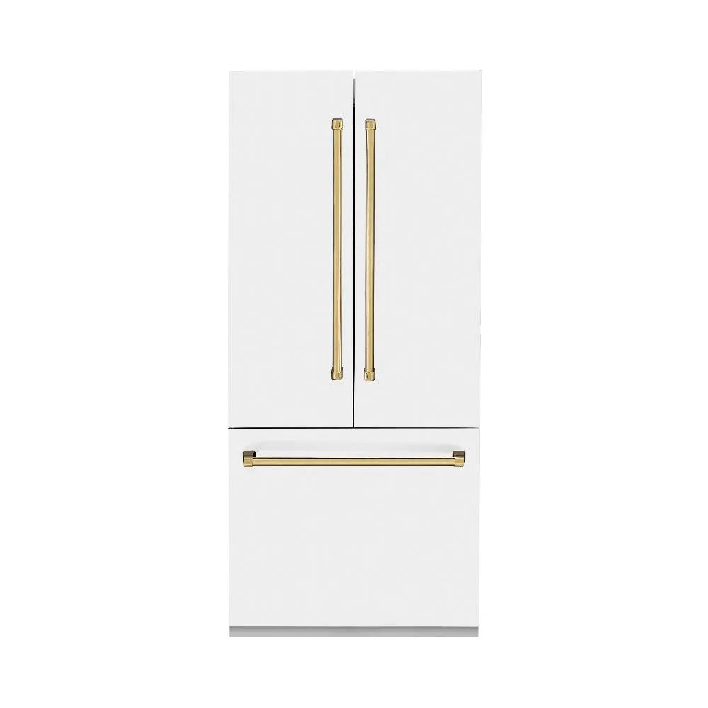 ZLINE Autograph Edition 36-inch refrigerator in white matte with bright white interior and polished gold accents RBIVZ-WM-36-G