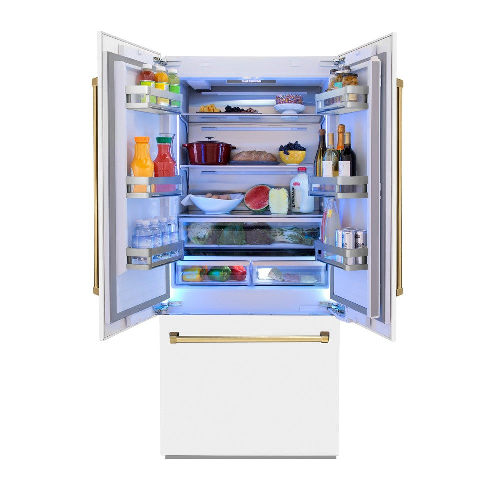 ZLINE Autograph Edition 36-inch refrigerator in white matte with bright white interior and polished gold accents RBIVZ-WM-36-G, front view