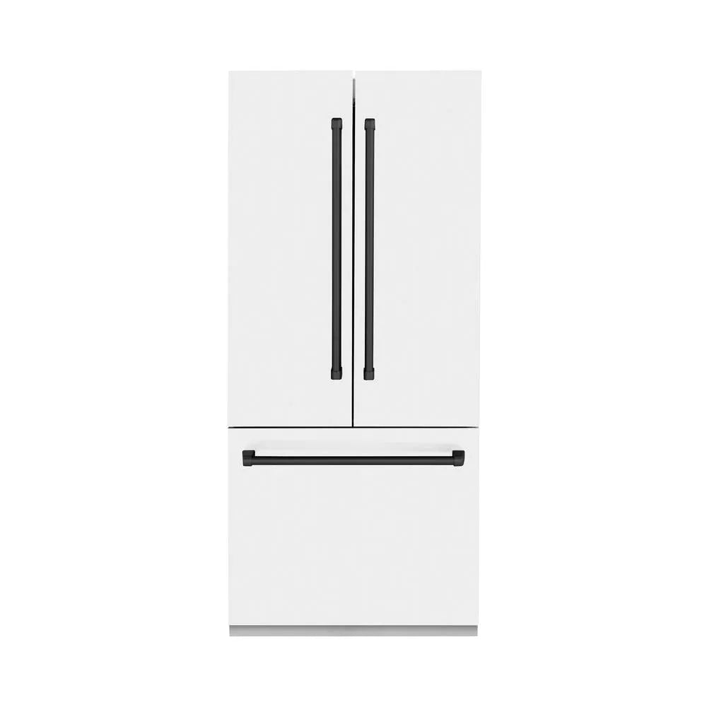 ZLINE Autograph Edition 36-inch refrigerator in white matte with bright white interior and matte black accents RBIVZ-WM-36-MB