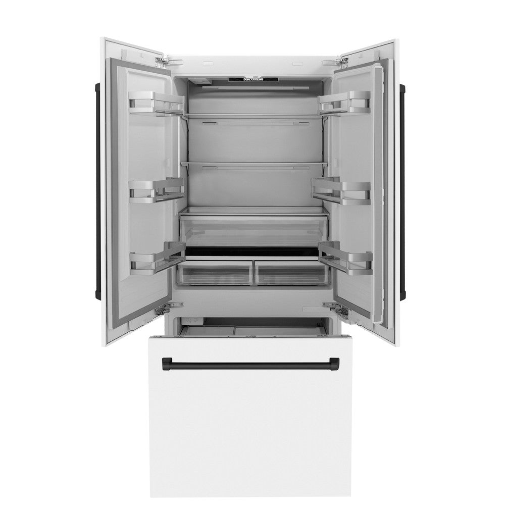 ZLINE Autograph Edition 36-inch refrigerator in white matte with bright white interior and matte black accents RBIVZ-WM-36-MB, front view