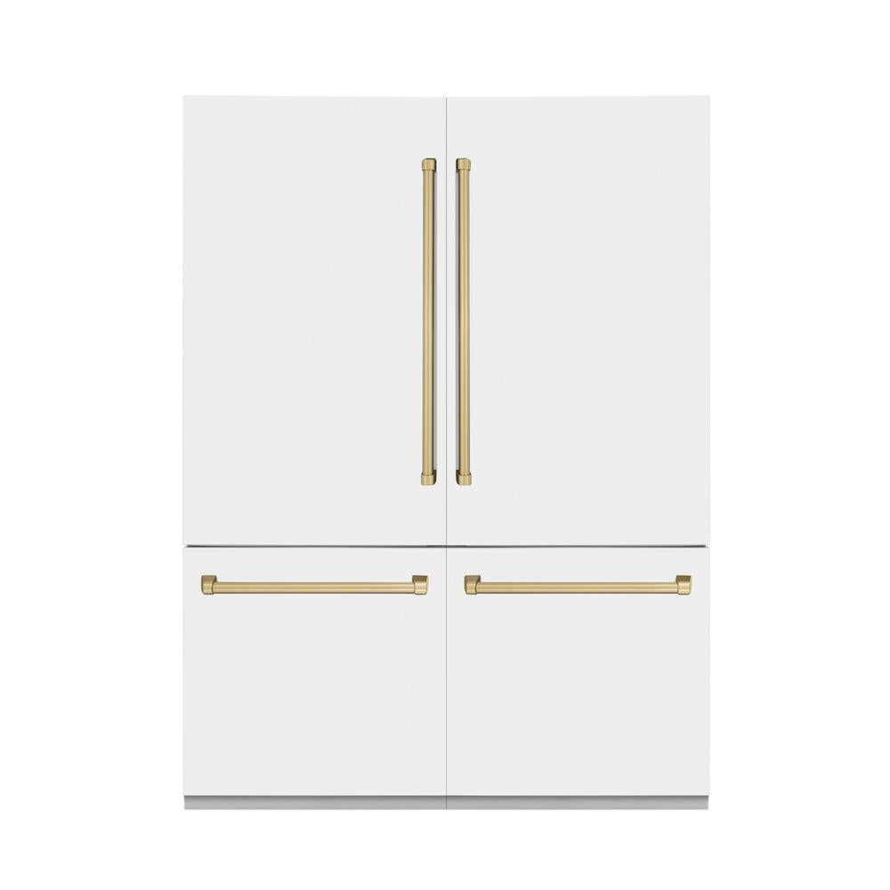 ZLINE Autograph Edition 60-inch refrigerator in white matte and champagne bronze accents RBIVZ-WM-60-CB, front view