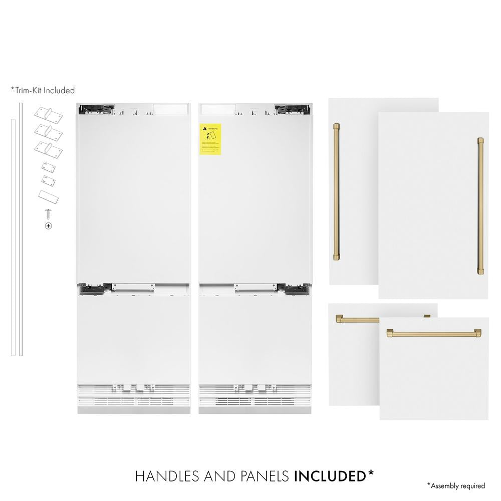 ZLINE Autograph Edition 60-inch refrigerator in white matte and champagne bronze accents RBIVZ-WM-60-CB, front view