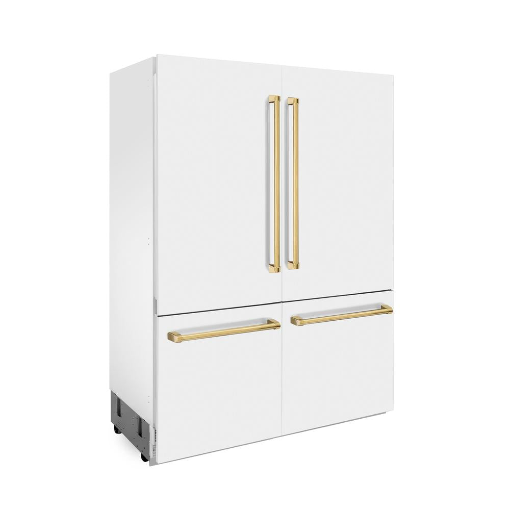 ZLINE Autograph Edition 60-inch refrigerator in white matte with bright white interior and polished gold accents RBIVZ-WM-60-G, side view