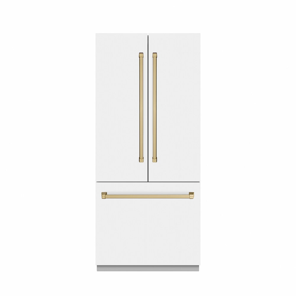 ZLINE Autograph Edition 36-inch refrigerator in white matte with stainless steel interior and champagne bronze accents SRBIVZ-WM-36-CB, front view