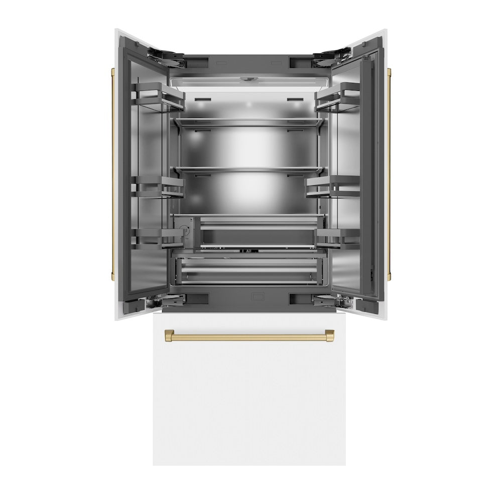 ZLINE Autograph Edition 36-inch refrigerator in white matte with stainless steel interior and champagne bronze accents SRBIVZ-WM-36-CB