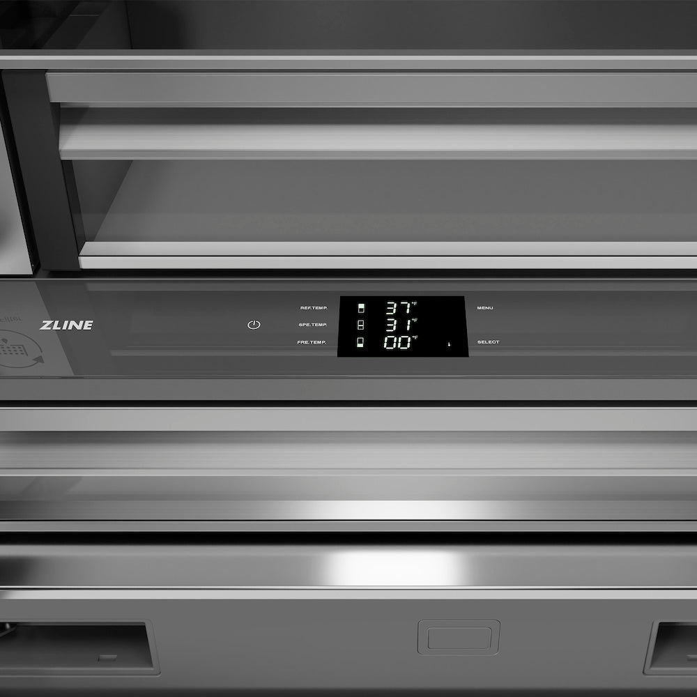 ZLINE Autograph Edition 36-inch refrigerator in white matte with stainless steel interior and matte black accents SRBIVZ-WM-36-MB, detail