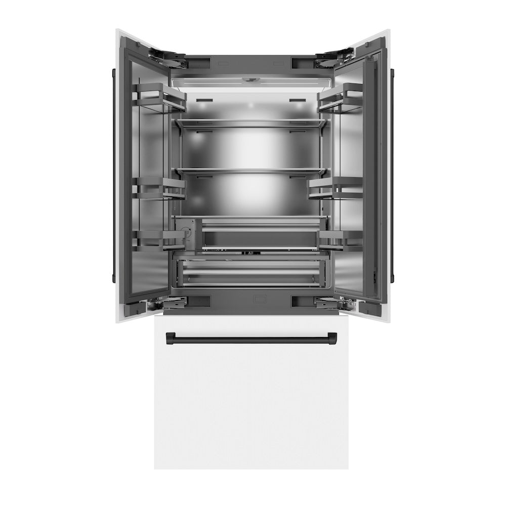 ZLINE Autograph Edition 36-inch refrigerator in white matte with stainless steel interior and matte black accents SRBIVZ-WM-36-MB