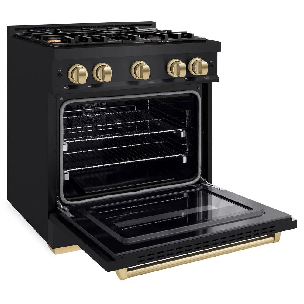 ZLINE Autograph Edition Classic 30-inch range in black stainless steel and champagne bronze accents CGRBZ-30-CB, door open