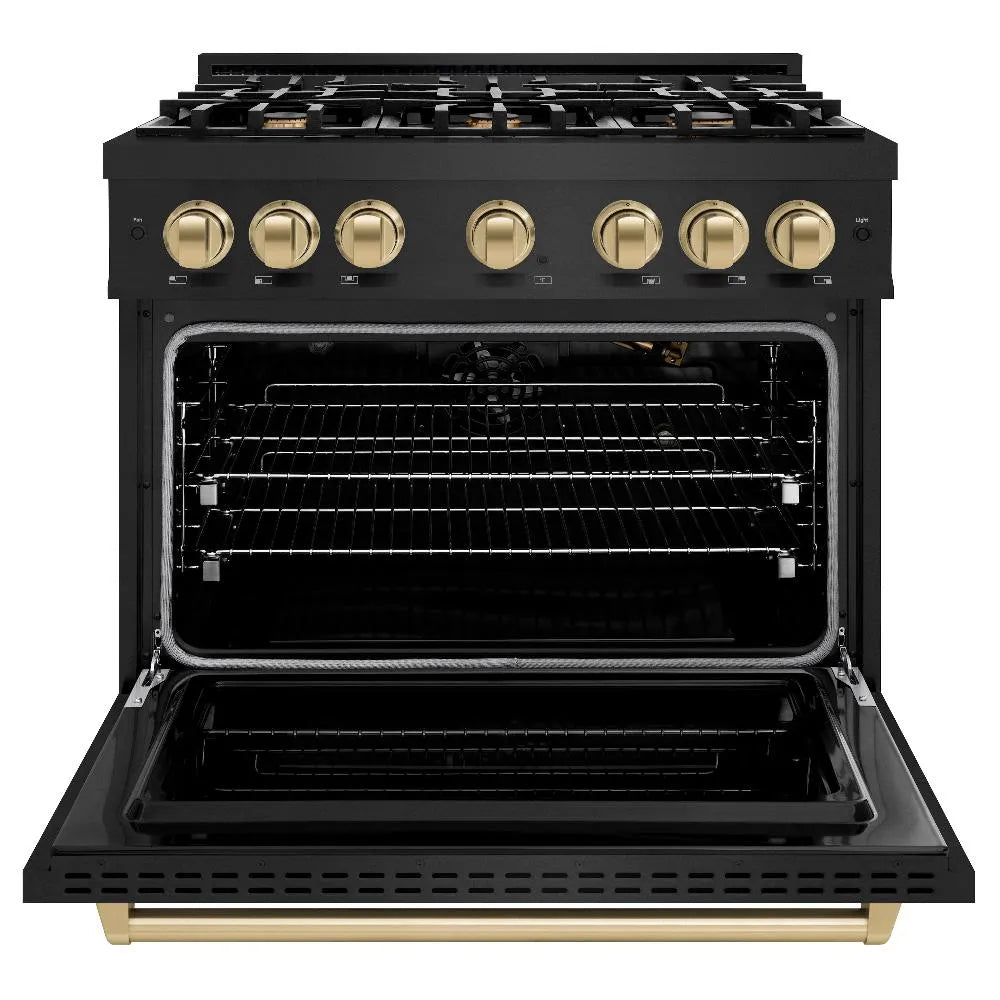 ZLINE Autograph Edition Classic 36-inch range in black stainless steel and champagne bronze accents CGRBZ-36-CB, front view