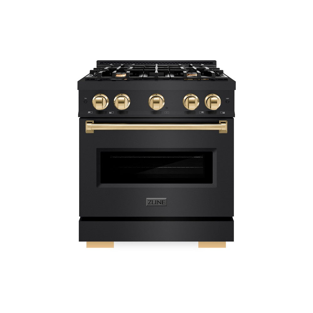 ZLINE Autograph Edition Classic 30-inch range in black stainless steel and polished gold accents CGRBZ-30-G, front view