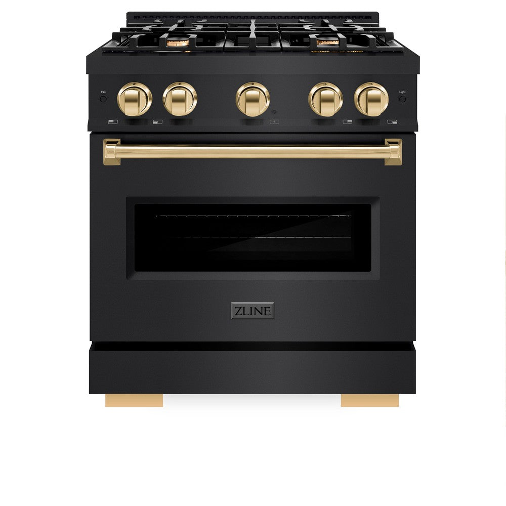ZLINE Autograph Edition Classic 30-inch range in black stainless steel and polished gold accents CGRBZ-30-G, front view