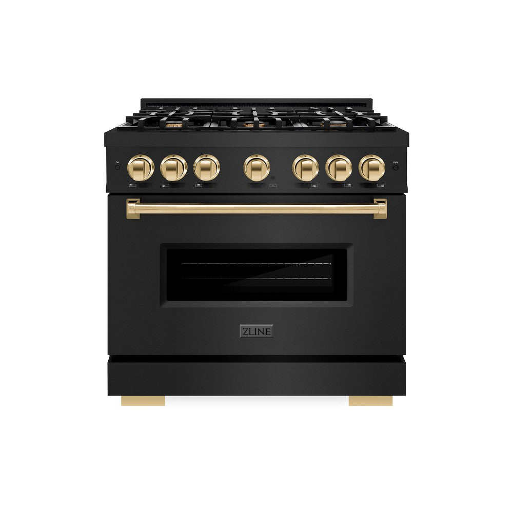 ZLINE Autograph Edition Classic 36-inch range in black stainless steel and polished gold accents CGRBZ-36-G, front view