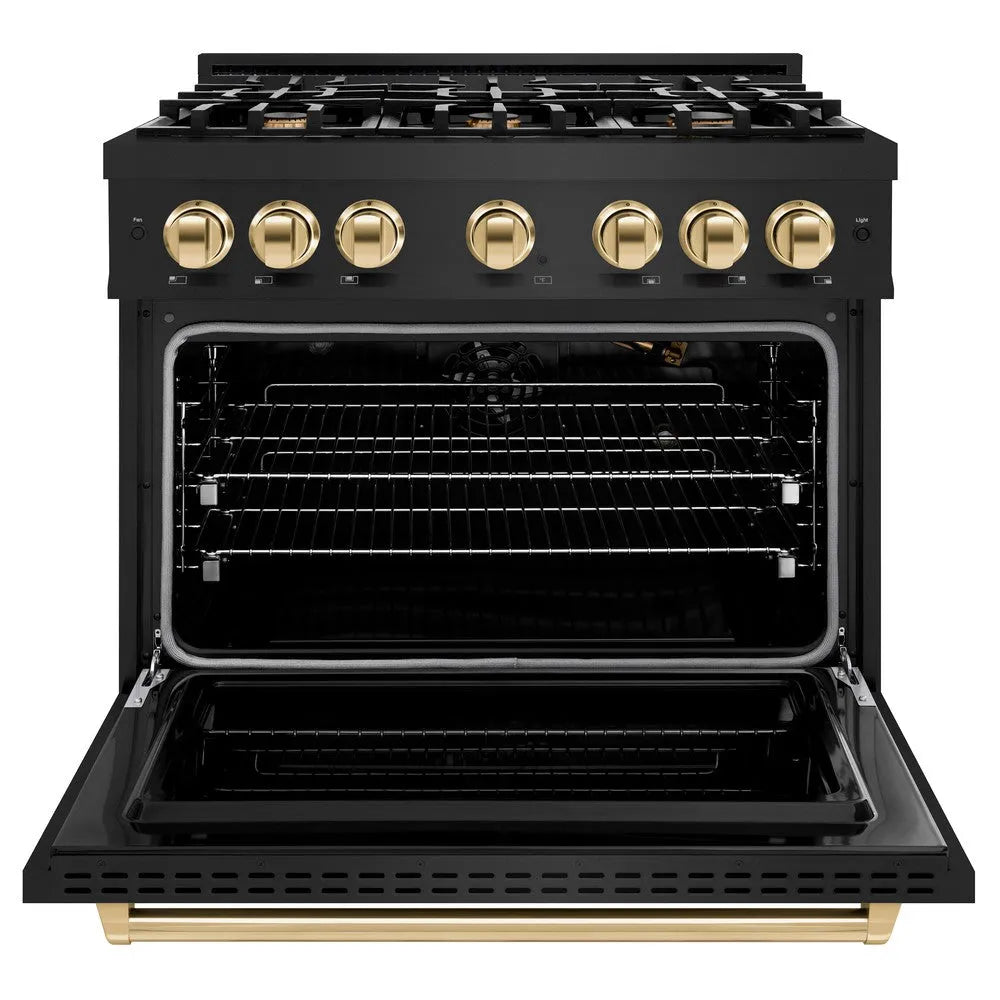 ZLINE Autograph Edition Classic 36-inch range in black stainless steel and polished gold accents CGRBZ-36-G, front view