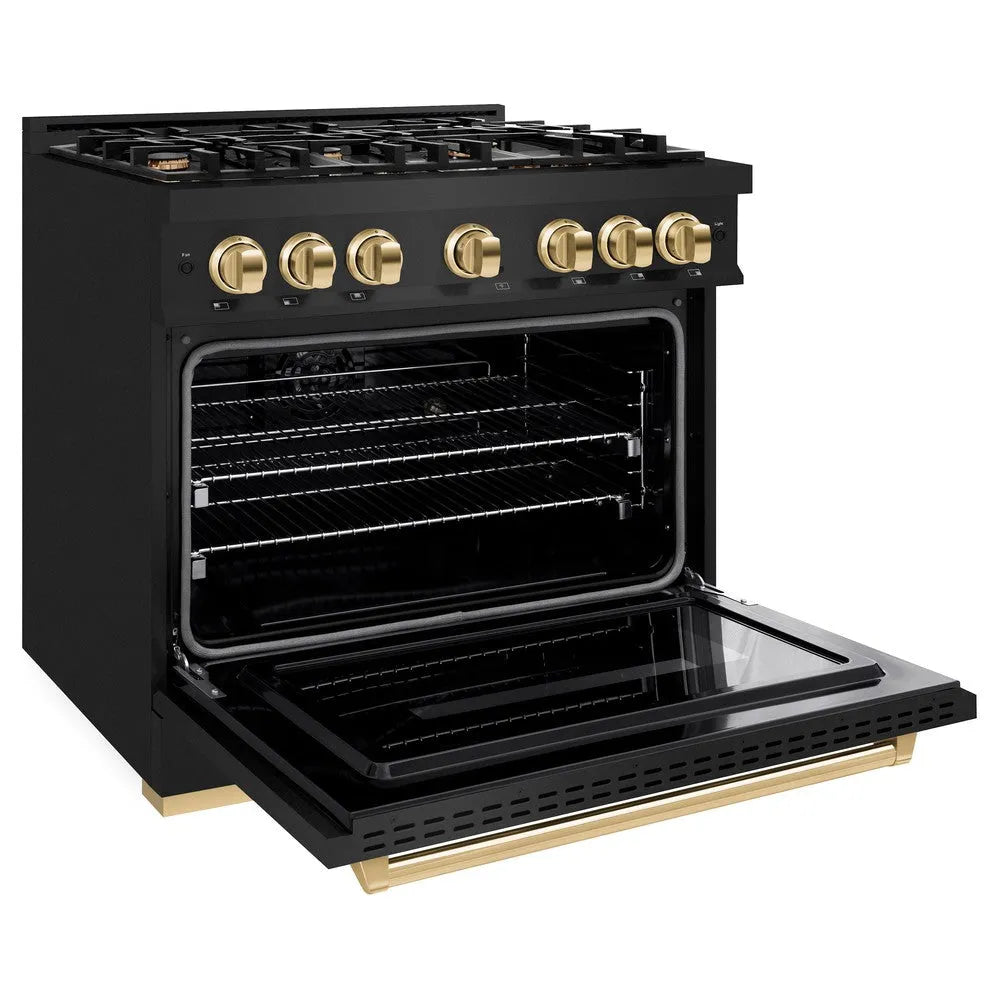 ZLINE Autograph Edition Classic 36-inch range in black stainless steel and polished gold accents CGRBZ-36-G, door open