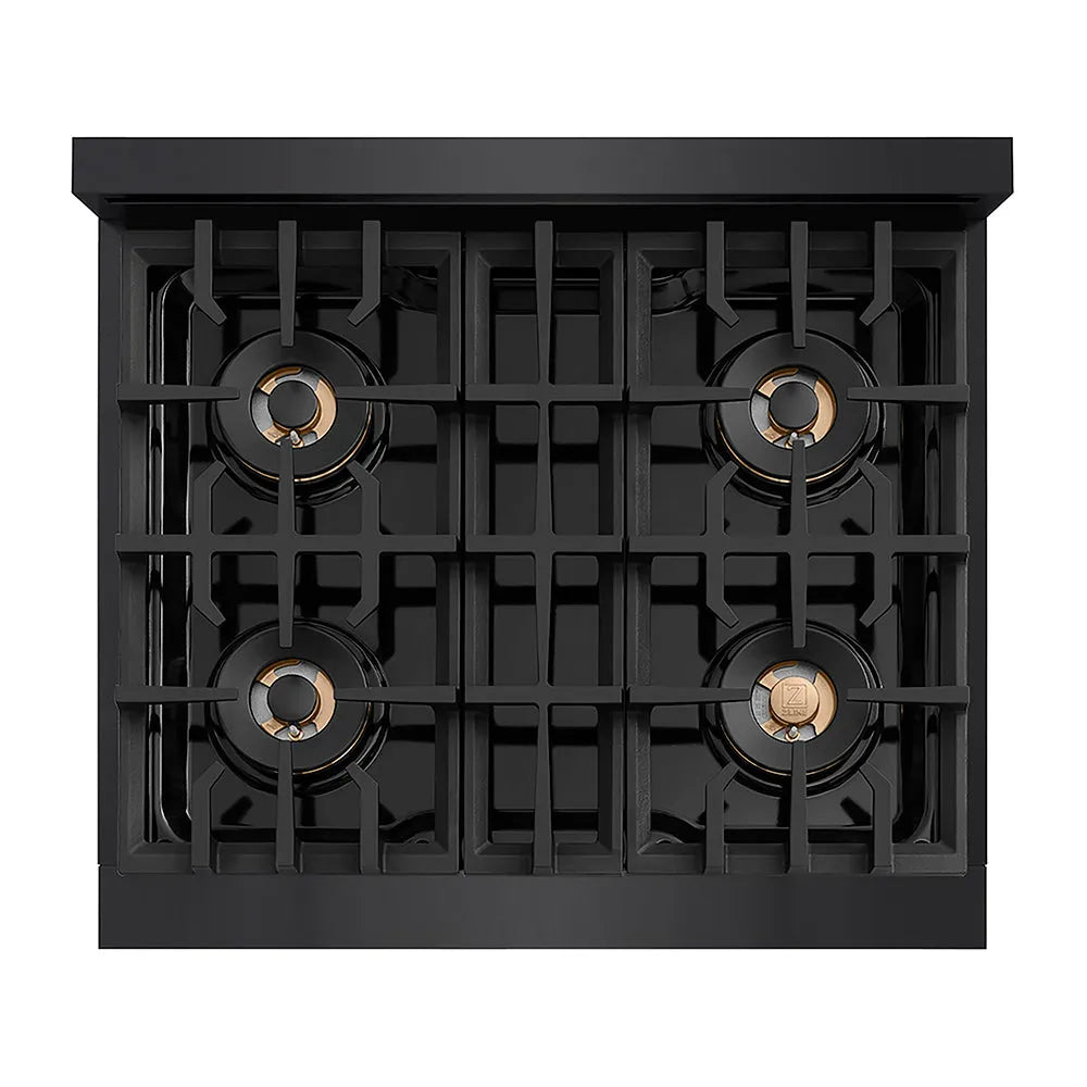 ZLINE Autograph Edition Classic 30-inch rangetop in black stainless steel and champagne bronze accents PCRTBZ-30-CB, from above