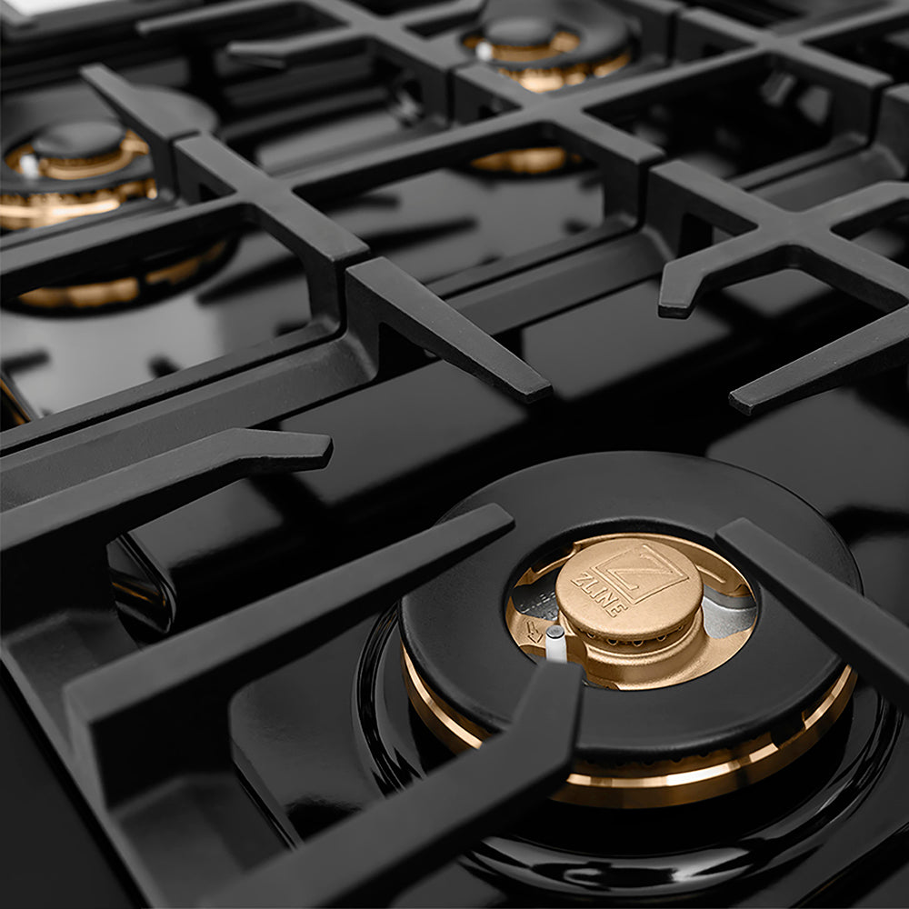 ZLINE Autograph Edition Classic 30-inch rangetop in black stainless steel and polished gold accents PCRTBZ-30-G, from above