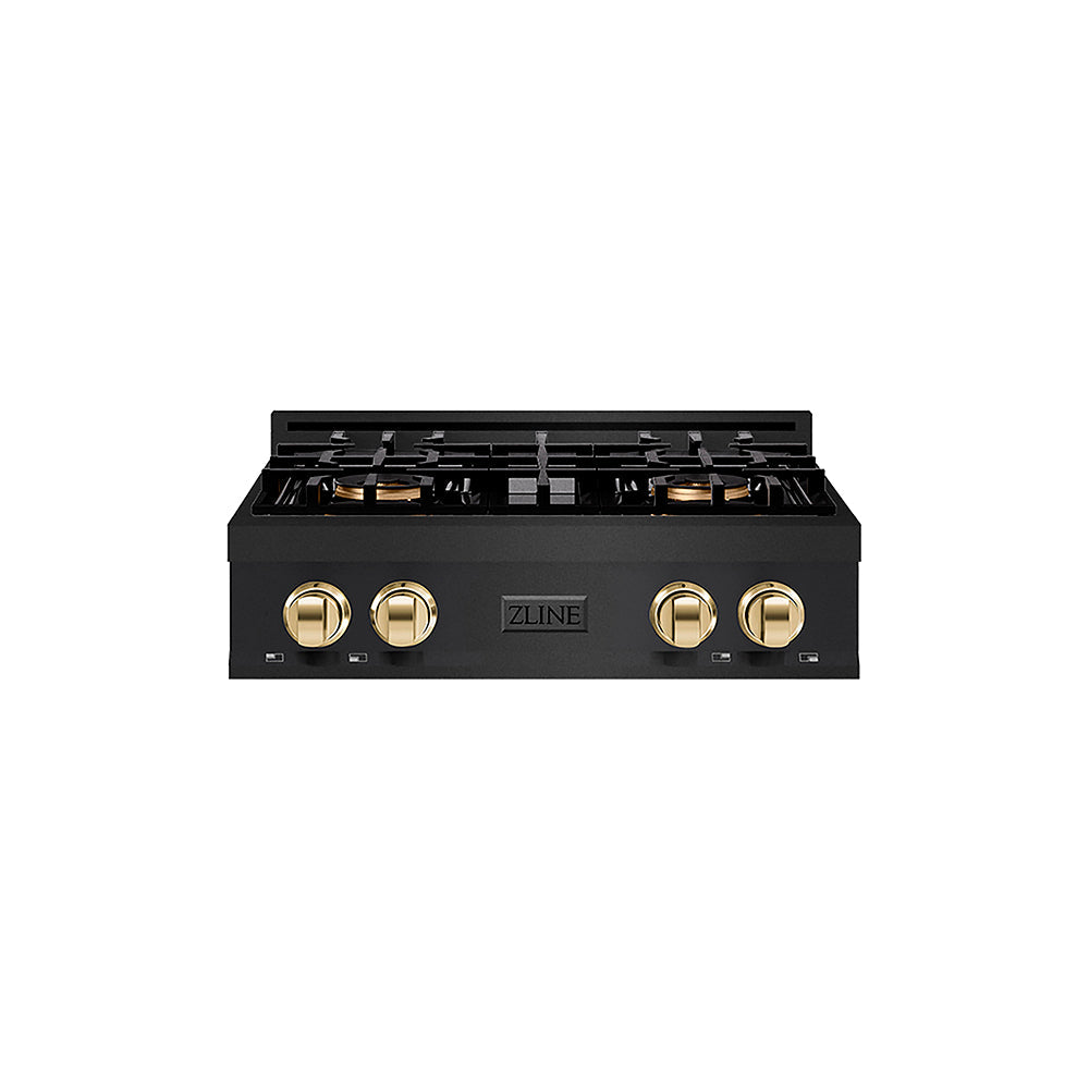 ZLINE Autograph Edition Classic 30-inch rangetop in black stainless steel and polished gold accents PCRTBZ-30-G, front view