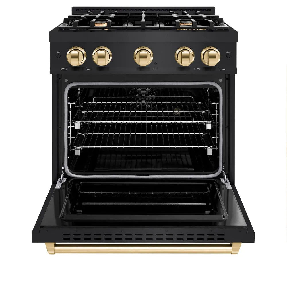 ZLINE Autograph Edition Classic 30-inch range in black stainless steel and polished gold accents CDRBZ-30-G, front view