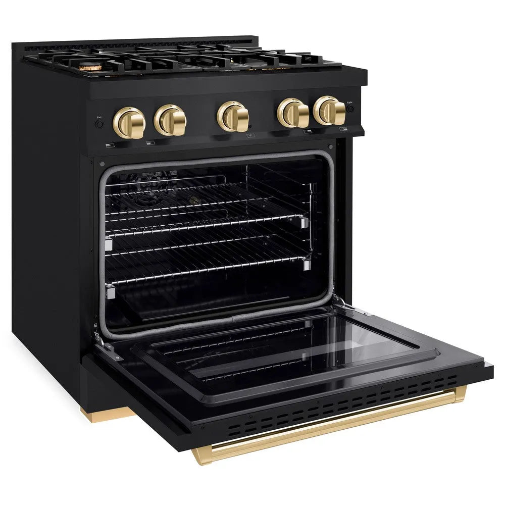 ZLINE Autograph Edition Classic 30-inch range in black stainless steel and polished gold accents CDRBZ-30-G, door open