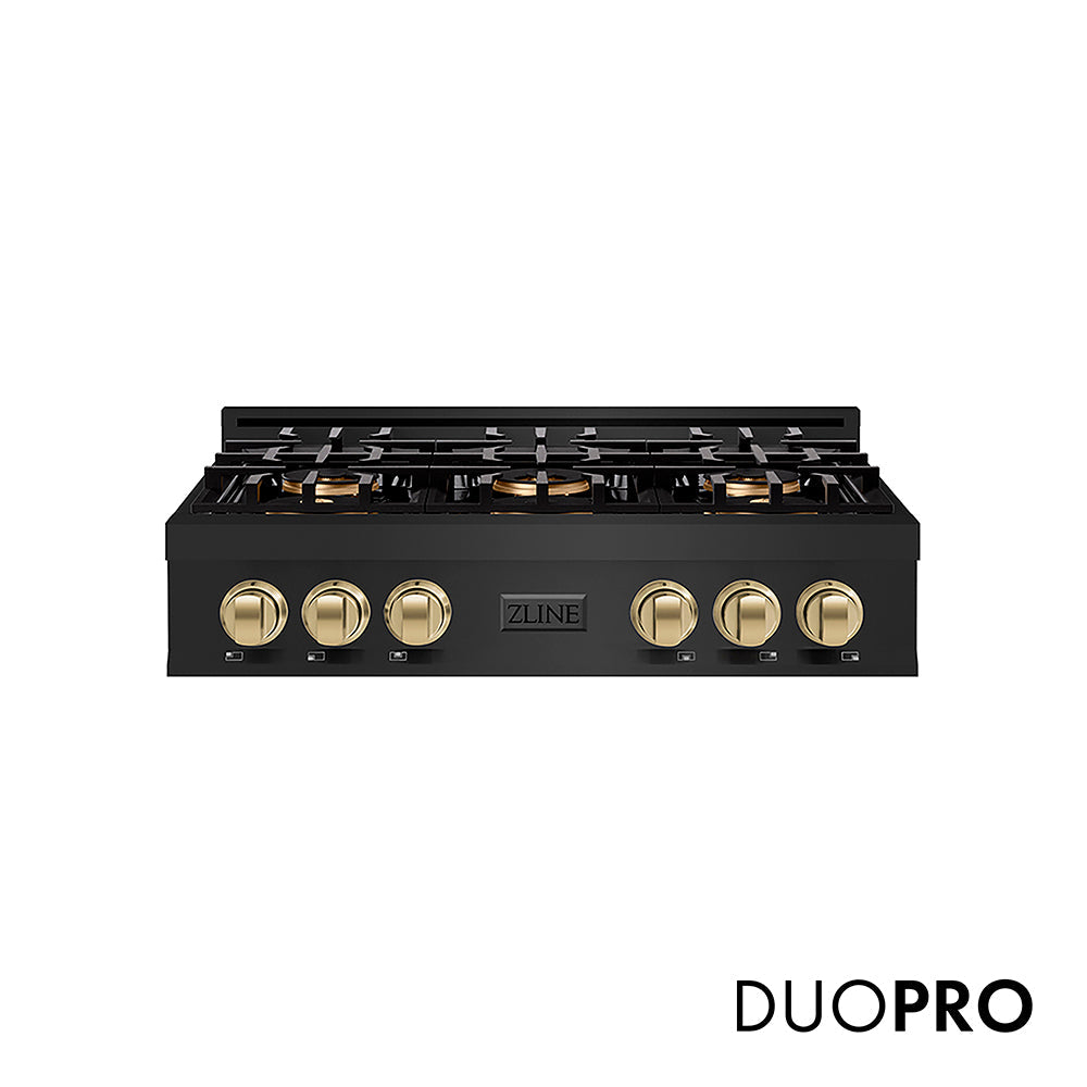 ZLINE Autograph Edition Classic 36-inch rangetop in black stainless steel and champagne bronze accents PCRTBZ-36-CB