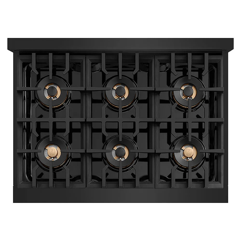 ZLINE Autograph Edition Classic 36-inch rangetop in black stainless steel and polished gold accents PCRTBZ-36-G, from above