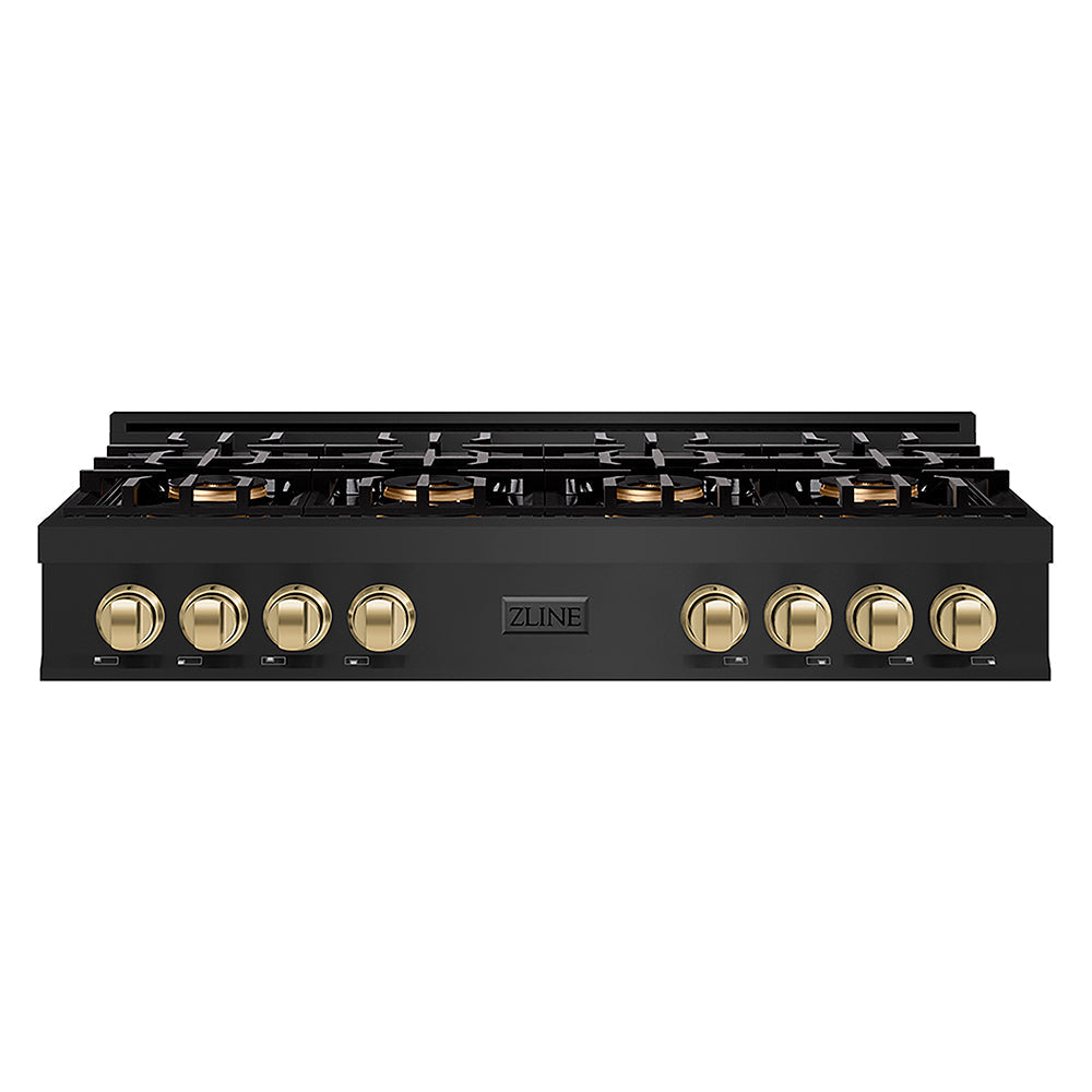 ZLINE Autograph Edition Classic 48-inch rangetop in black stainless steel and champagne bronze accents PCRTBZ-48-CB, front view