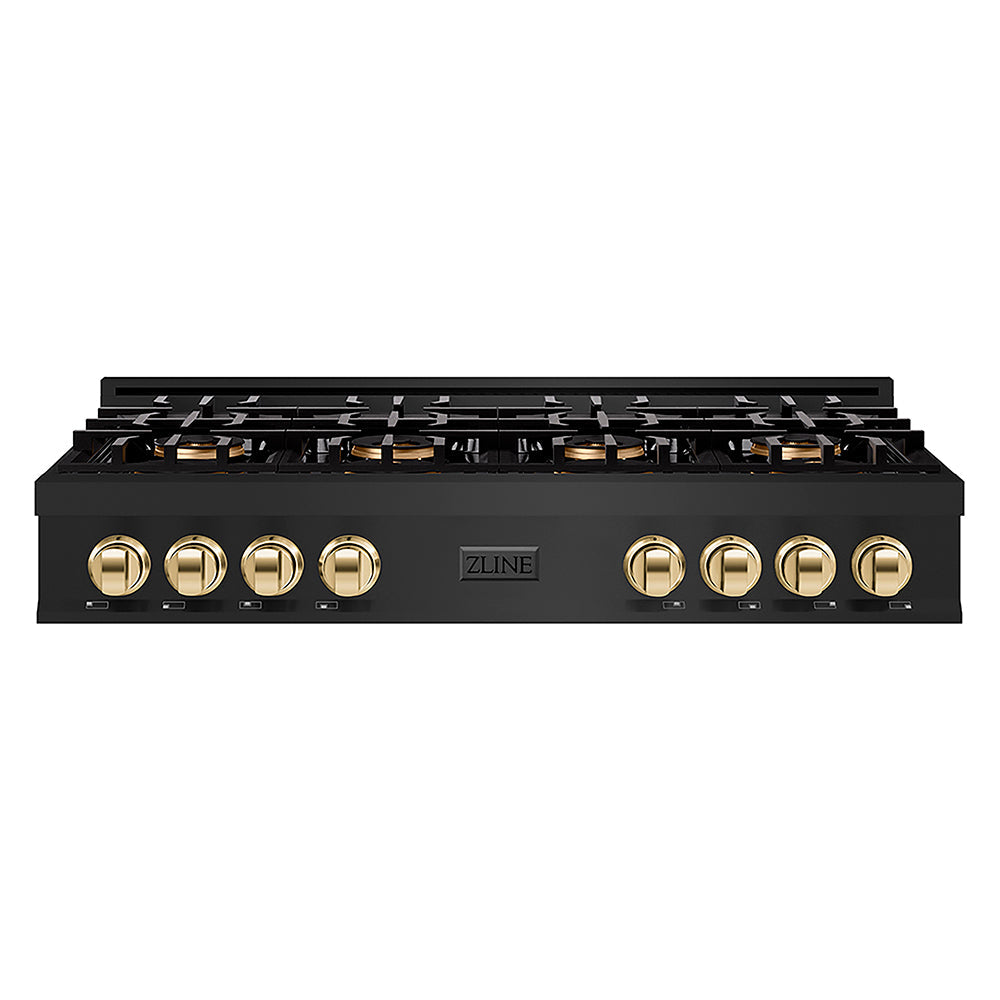ZLINE Autograph Edition Classic 48-inch rangetop in black stainless steel and polished gold accents PCRTBZ-48-G, front view