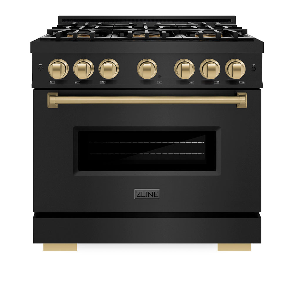 ZLINE Autograph Edition Classic 36-inch range in black stainless steel and champagne bronze accents PCDRBZ-36-CB, front view