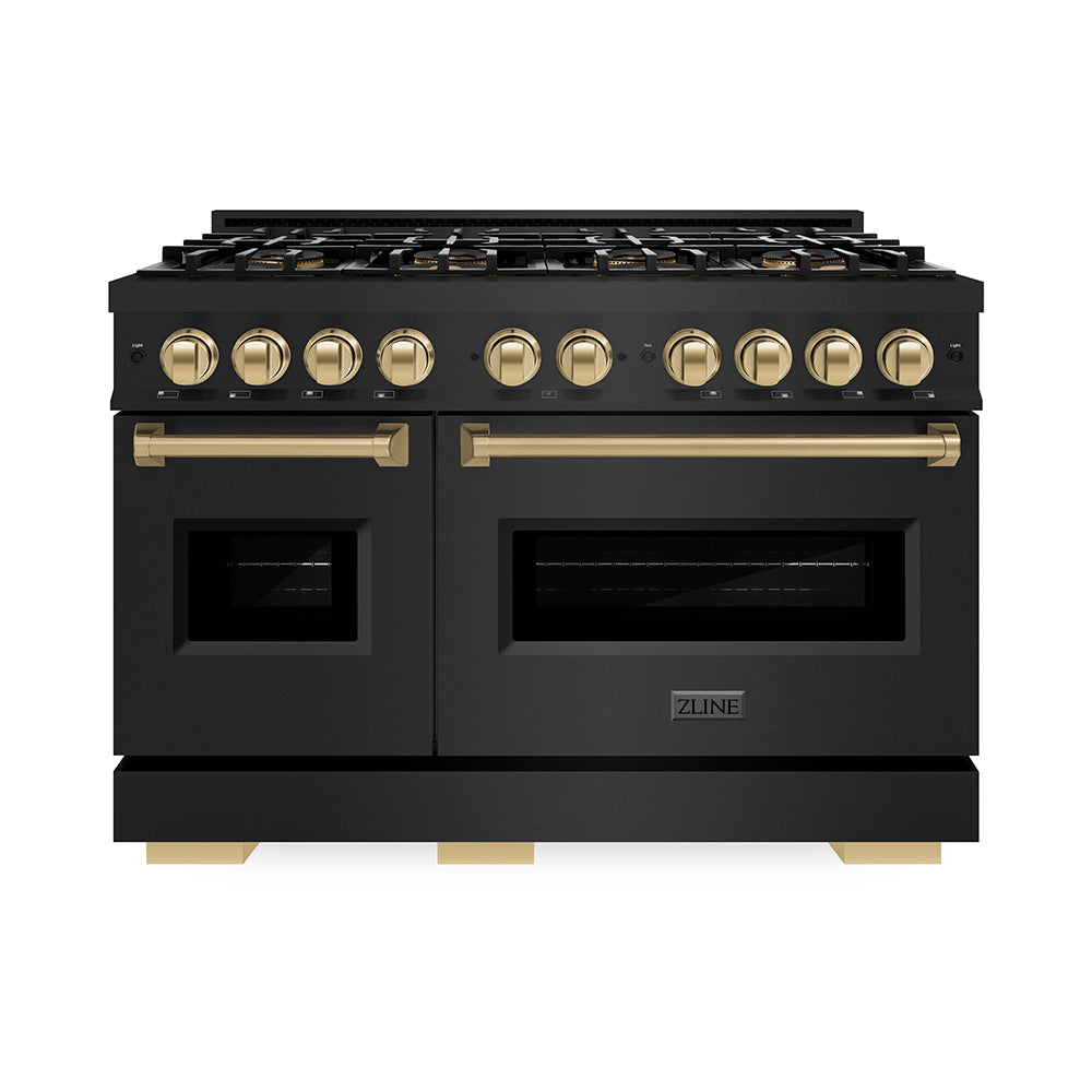 ZLINE Autograph Edition Classic 48-inch range in black stainless steel and champagne bronze accents PCDRBZ-48-CB, front view