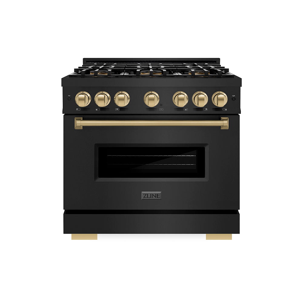ZLINE Autograph Edition Classic 36-inch range in black stainless steel and champagne bronze accents PCGRBZ-36-CB, front view