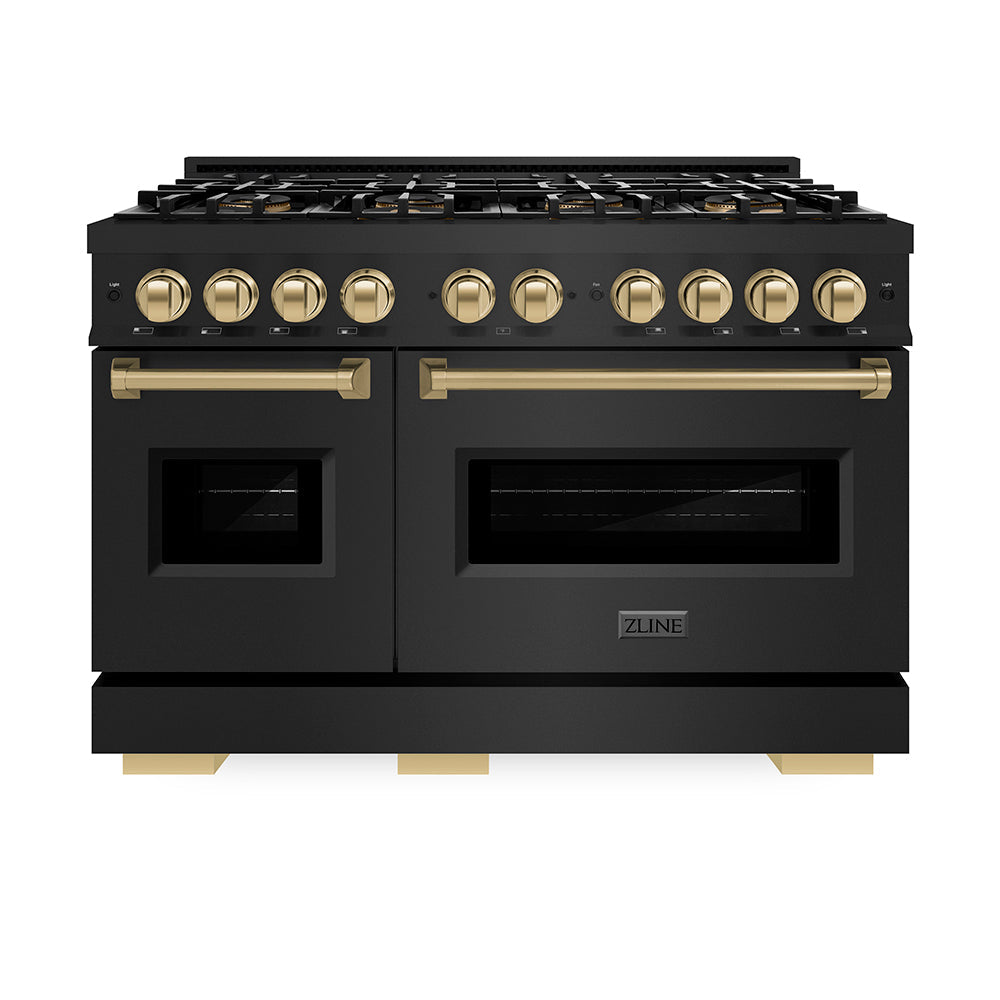 ZLINE Autograph Edition Classic 48-inch range in black stainless steel and champagne bronze accents PCGRBZ-48-CB, front view