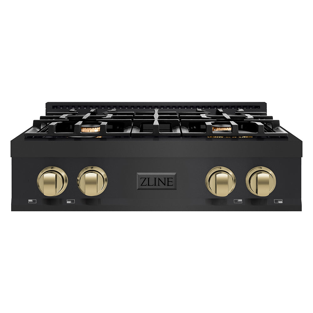 ZLINE Autograph Edition Classic 30-inch rangetop in black stainless steel and champagne bronze accents RTBZ-30-CB, front view