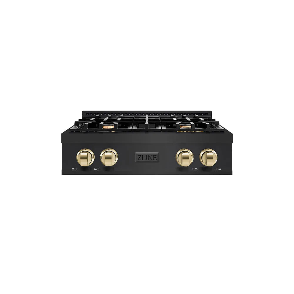 ZLINE Autograph Edition Classic 30-inch rangetop in black stainless steel and polished gold accents RTBZ-30-G