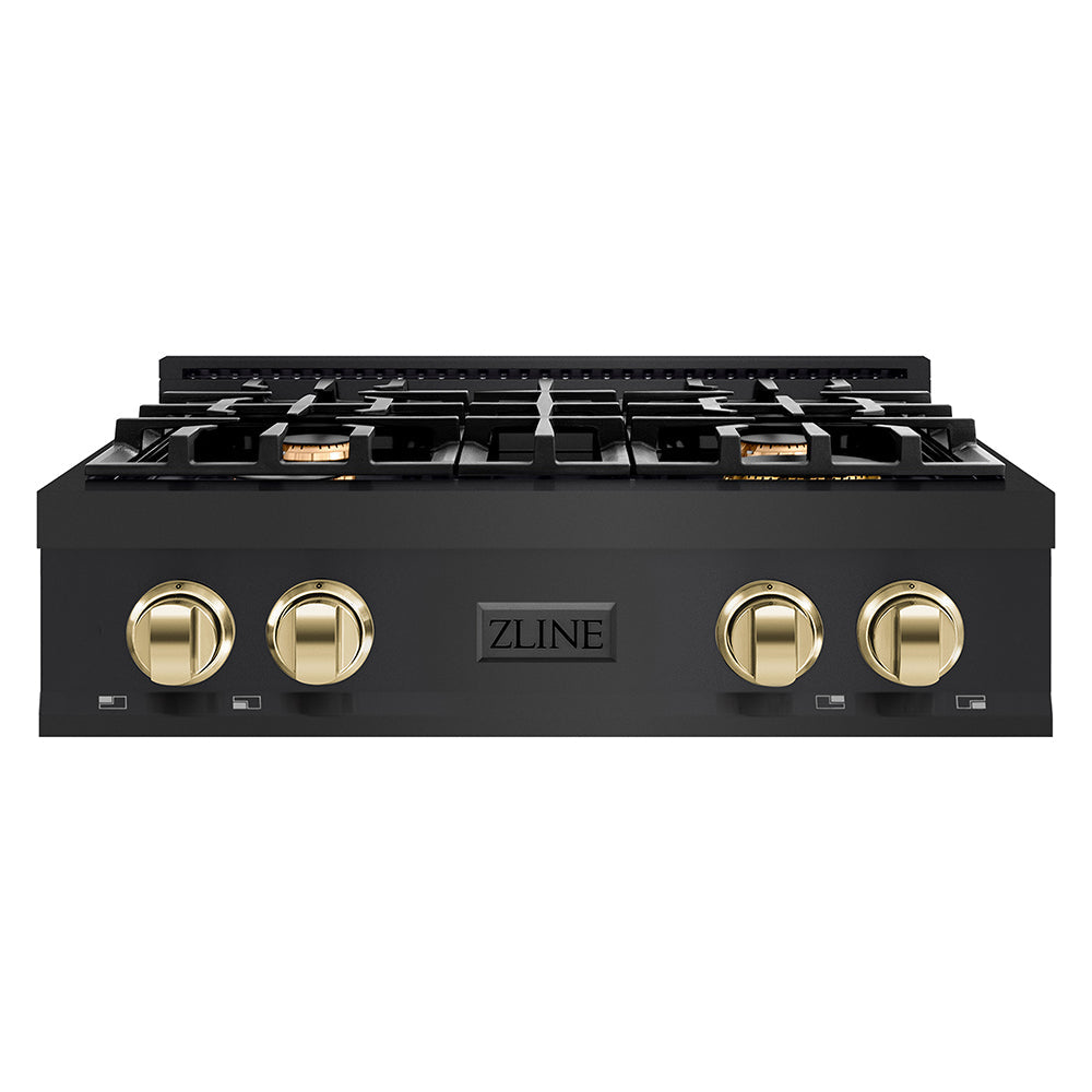 ZLINE Autograph Edition Classic 30-inch rangetop in black stainless steel and polished gold accents RTBZ-30-G, front view