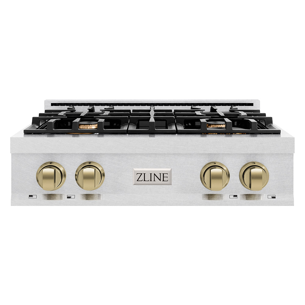 ZLINE Autograph Edition Classic 30-inch rangetop in satin stainless steel and champagne bronze accents RTSZ-30-CB, front view