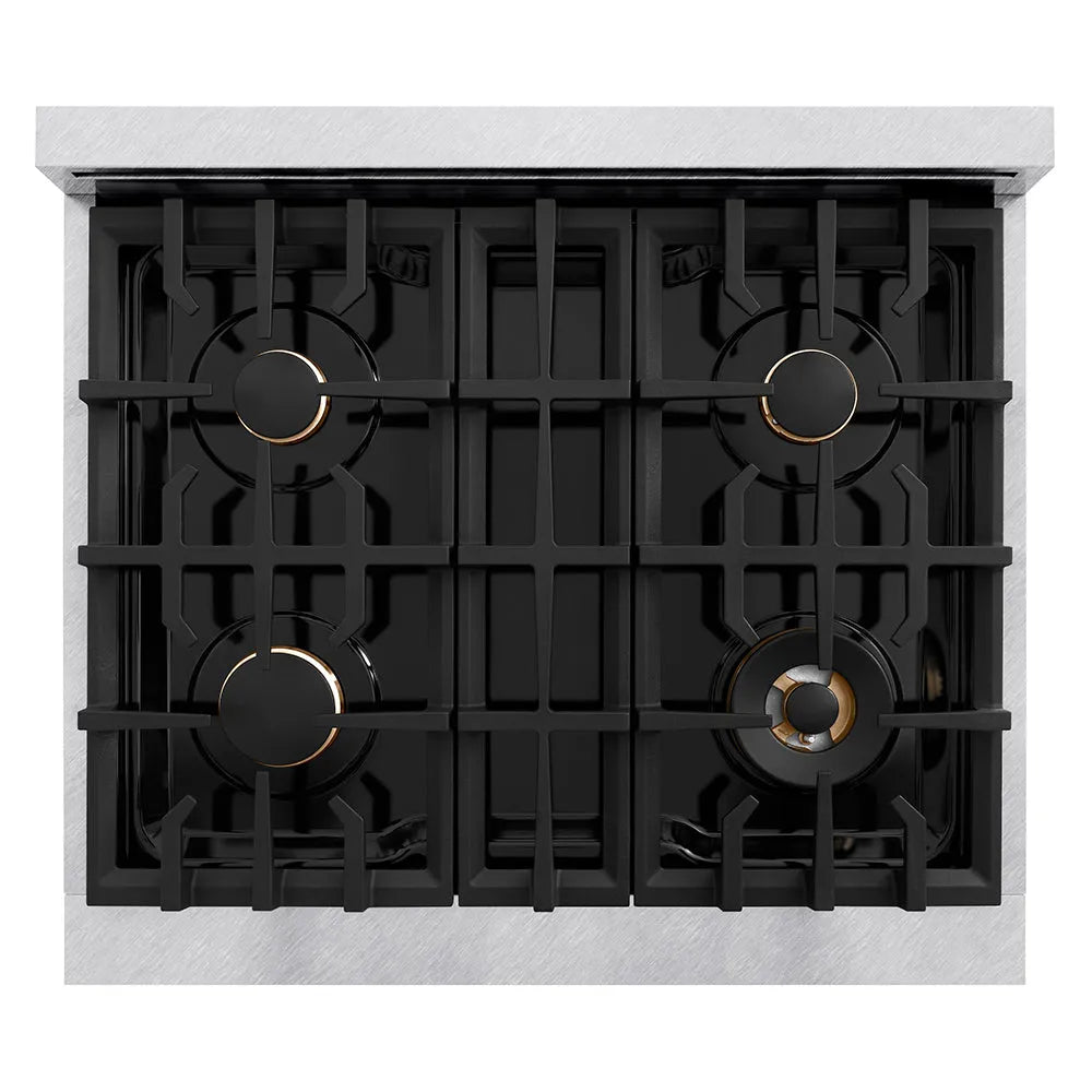 ZLINE Autograph Edition Classic 30-inch rangetop in satin stainless steel and champagne bronze accents RTSZ-30-CB, from above