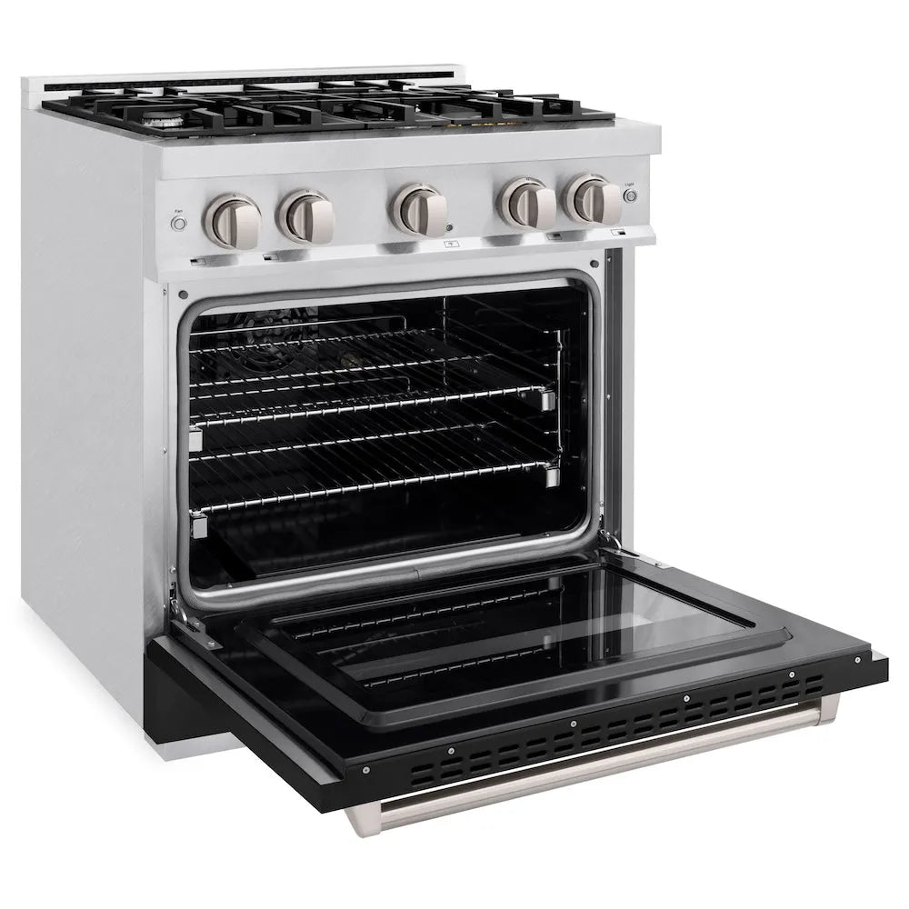 ZLINE Classic 30-inch range in satin stainless steel with black matte door CDRS-BLM-30, door open