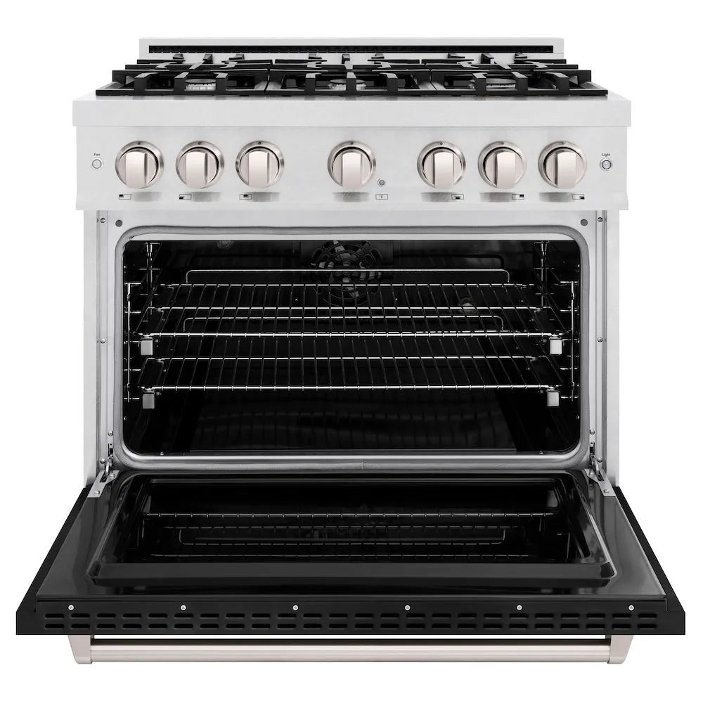 ZLINE Classic 36-inch range in satin stainless steel with black matte door CDRS-BLM-36, front view