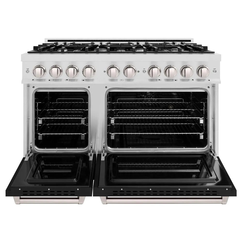 ZLINE Classic 48-inch range in satin stainless steel with black matte door CDRS-BLM-48, front view